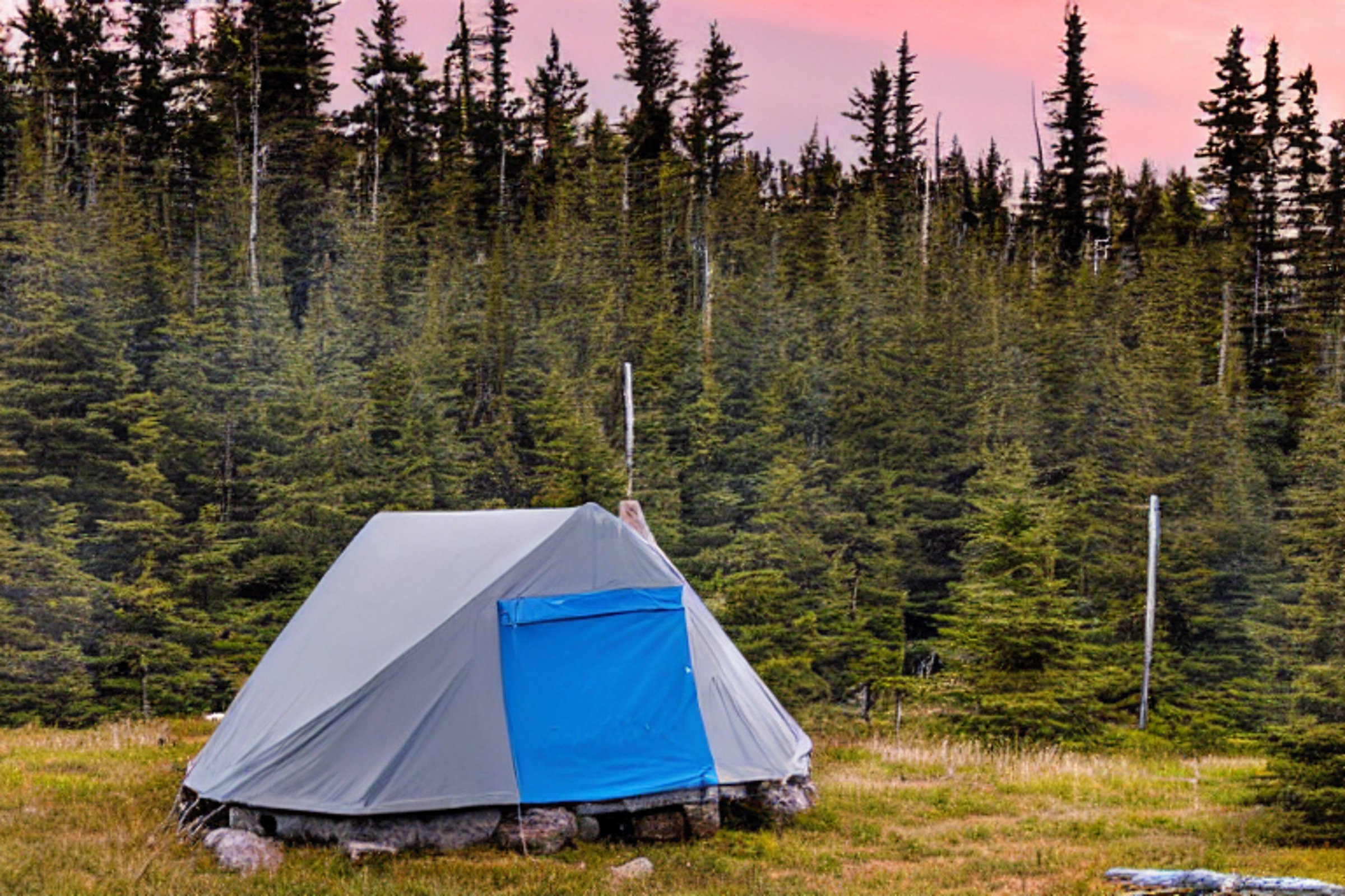 Two gray and blue tents rest on a quiet dirt campsite in Isle Royale National Park. Large trees and mossy boulders surround the clearing, while the sunrise fills the sky with soft golden light. A nearby parking spot makes this peaceful camp easy to reach.