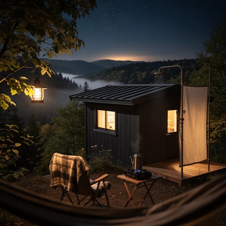 A quiet cabin sits on a high lookout above a dark forest valley, with soft mist drifting through the trees. A warm lantern glows on a branch, and a few windows shine like little stars. Nearby, a small stove heats a coffee pot, and a cozy blanket rests on a camp chair under the clear, starry sky.