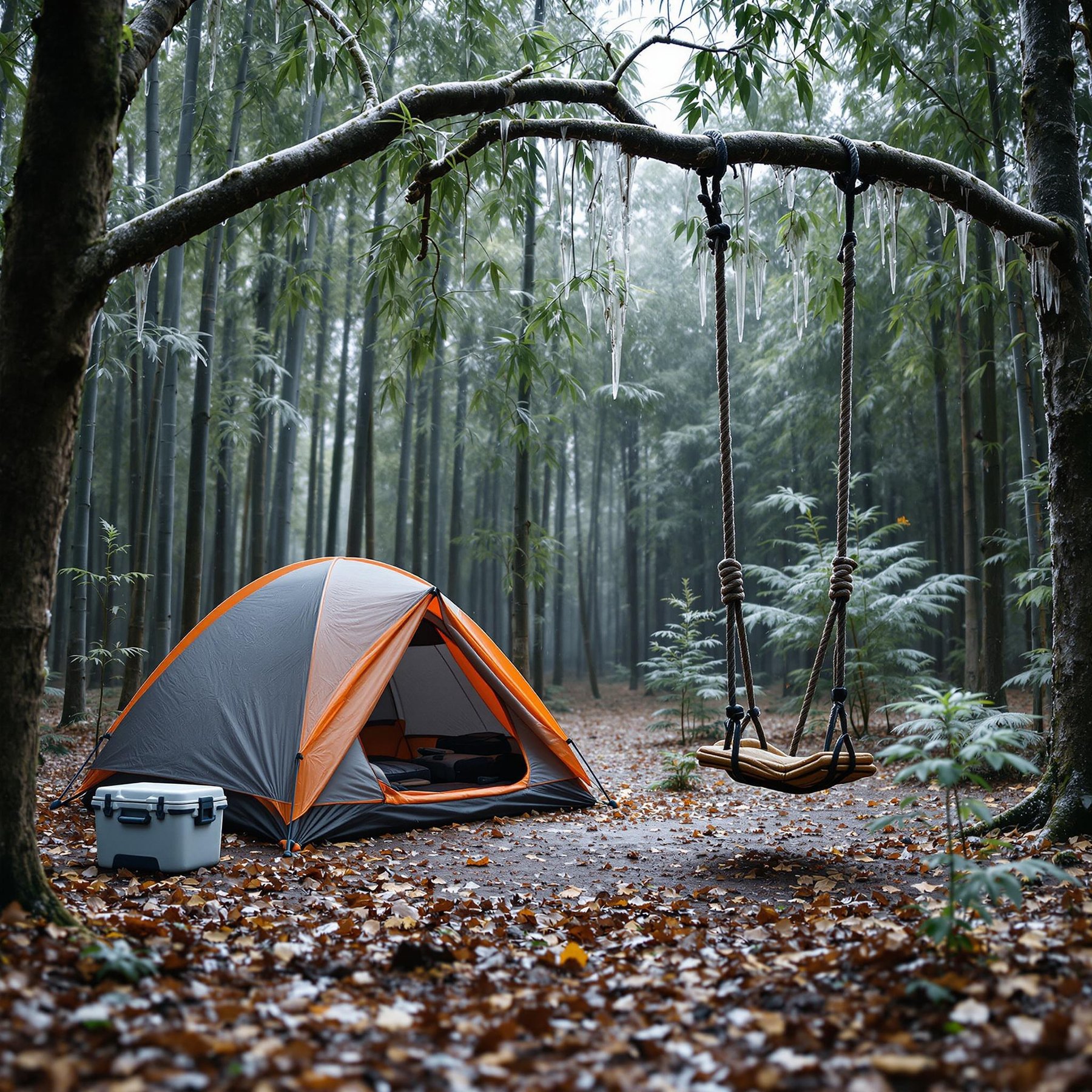 This cozy campsite sits in a quiet forest with tall, leafy trees all around. A bright orange tent and a wooden swing make it feel fun and inviting. It’s the perfect spot for a peaceful outdoor adventure.