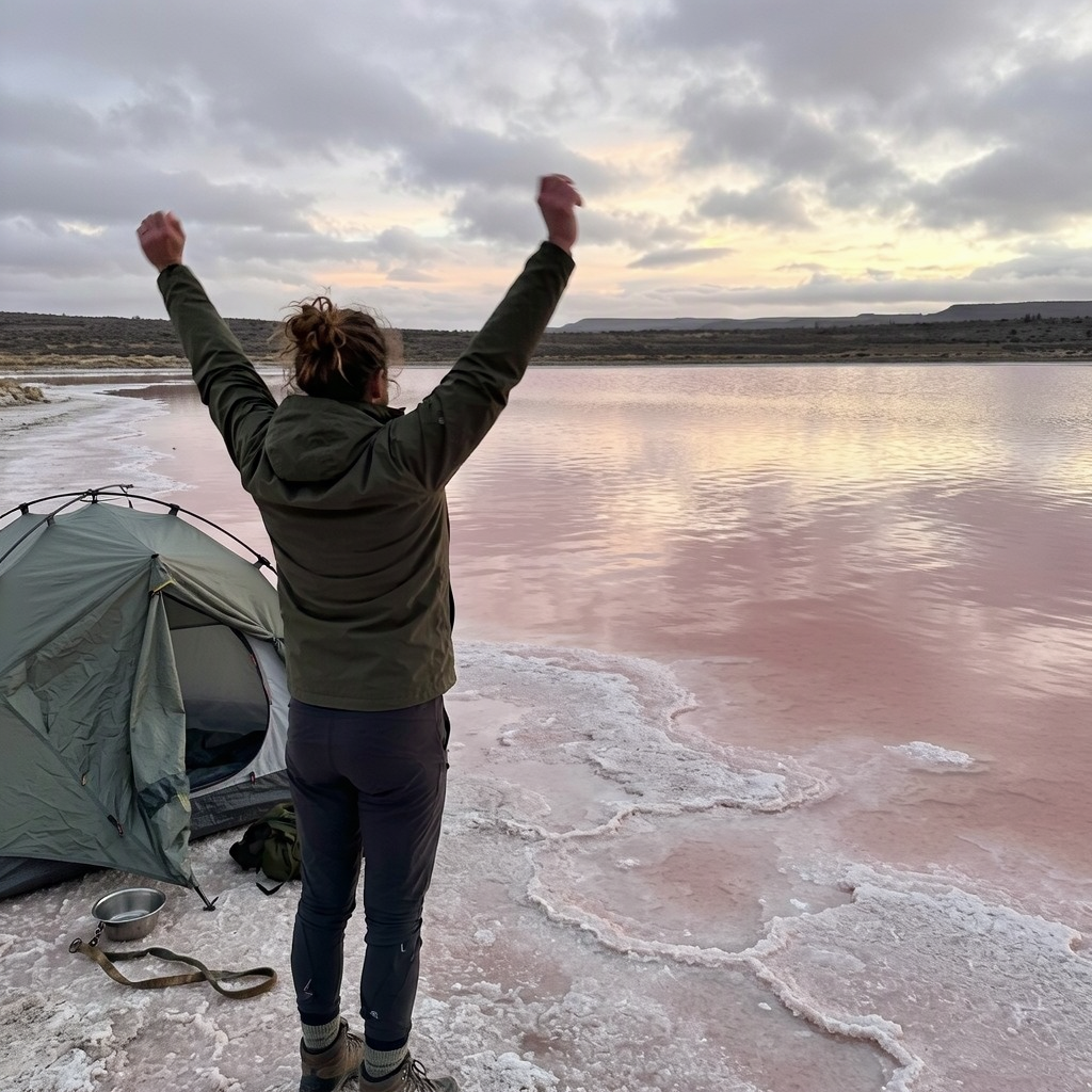 From behind, a camper stretches beside a tent on a pink salt lake. White salt crust lines the water beneath broken clouds.