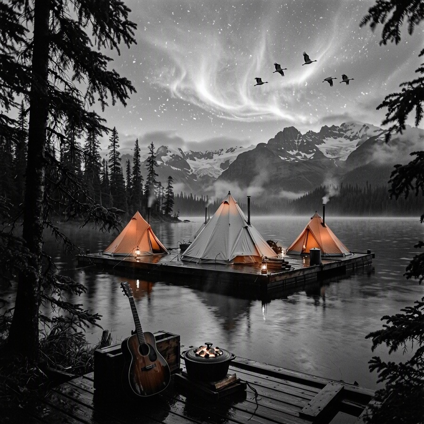 Orange tents rest on a wooden platform floating on calm Kenai Lake. Misty spruce trees and rugged mountains fade into the rainy, glowing night, while cranes fly overhead. A guitar and warm Dutch oven add a cozy touch to this quiet wilderness camp.