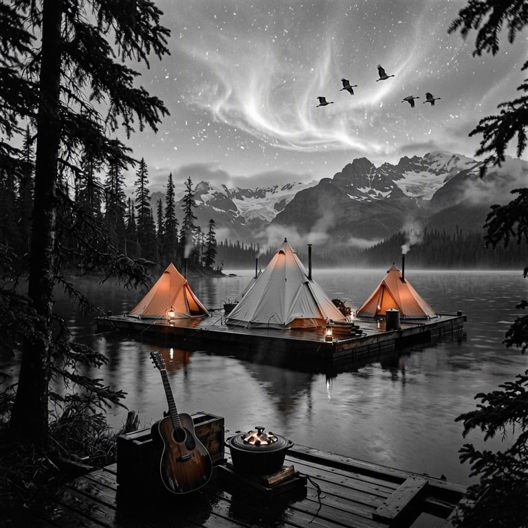 Orange tents rest on a wooden platform floating on calm Kenai Lake. Misty spruce trees and rugged mountains fade into the rainy, glowing night, while cranes fly overhead. A guitar and warm Dutch oven add a cozy touch to this quiet wilderness camp.