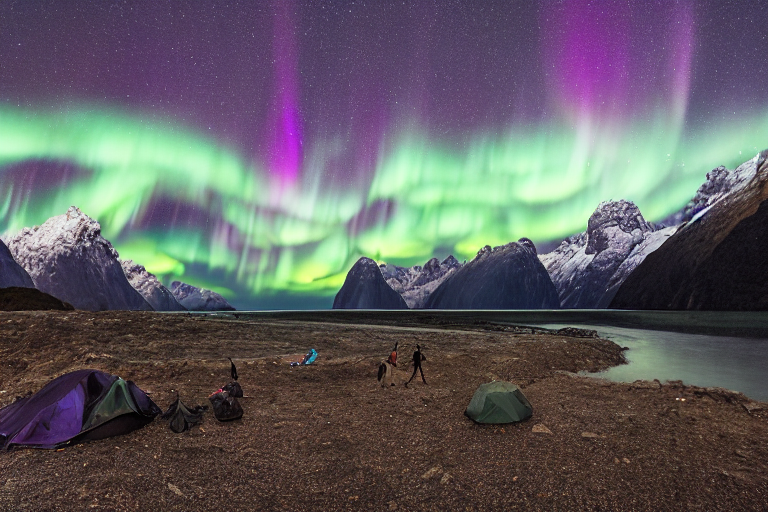 A black tent rests on a quiet dirt campsite beneath glowing green auroras and cloudy skies. Stones, a backpack, and a small twig lie nearby, while the dark mountains of Milford Sound surround the scene.