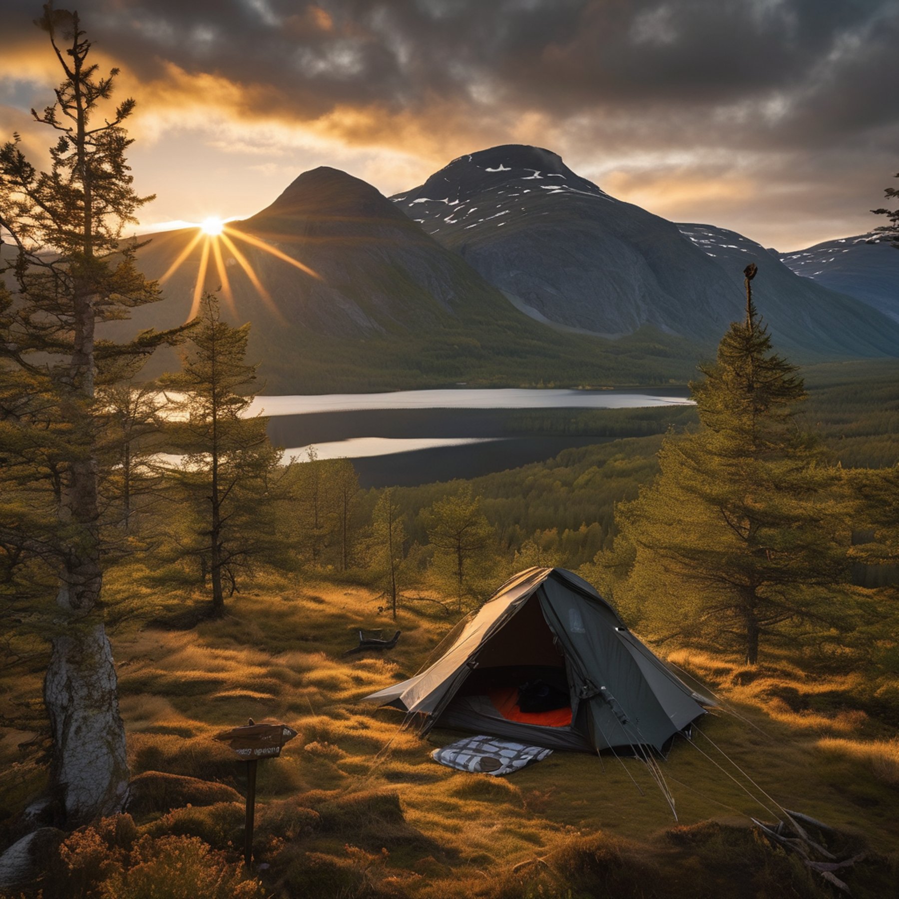 A black tree tent rests among tall bushes in the wild Norwegian countryside. A backpack lies nearby, while a deer wanders in the distance. Far away, the setting sun glows behind the mountains.