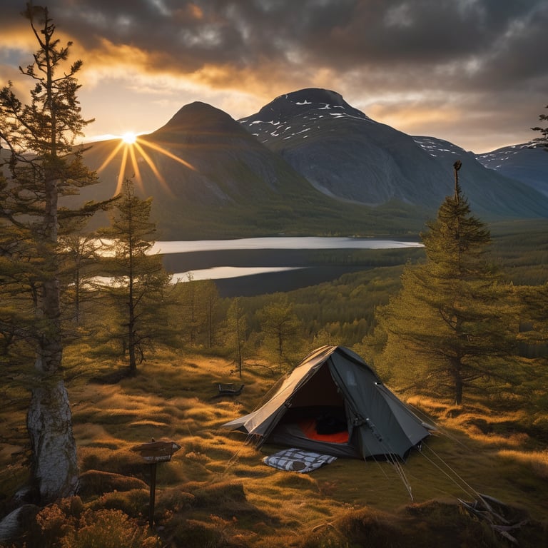 A black tree tent rests among tall bushes in the wild Norwegian countryside. A backpack lies nearby, while a deer wanders in the distance. Far away, the setting sun glows behind the mountains.