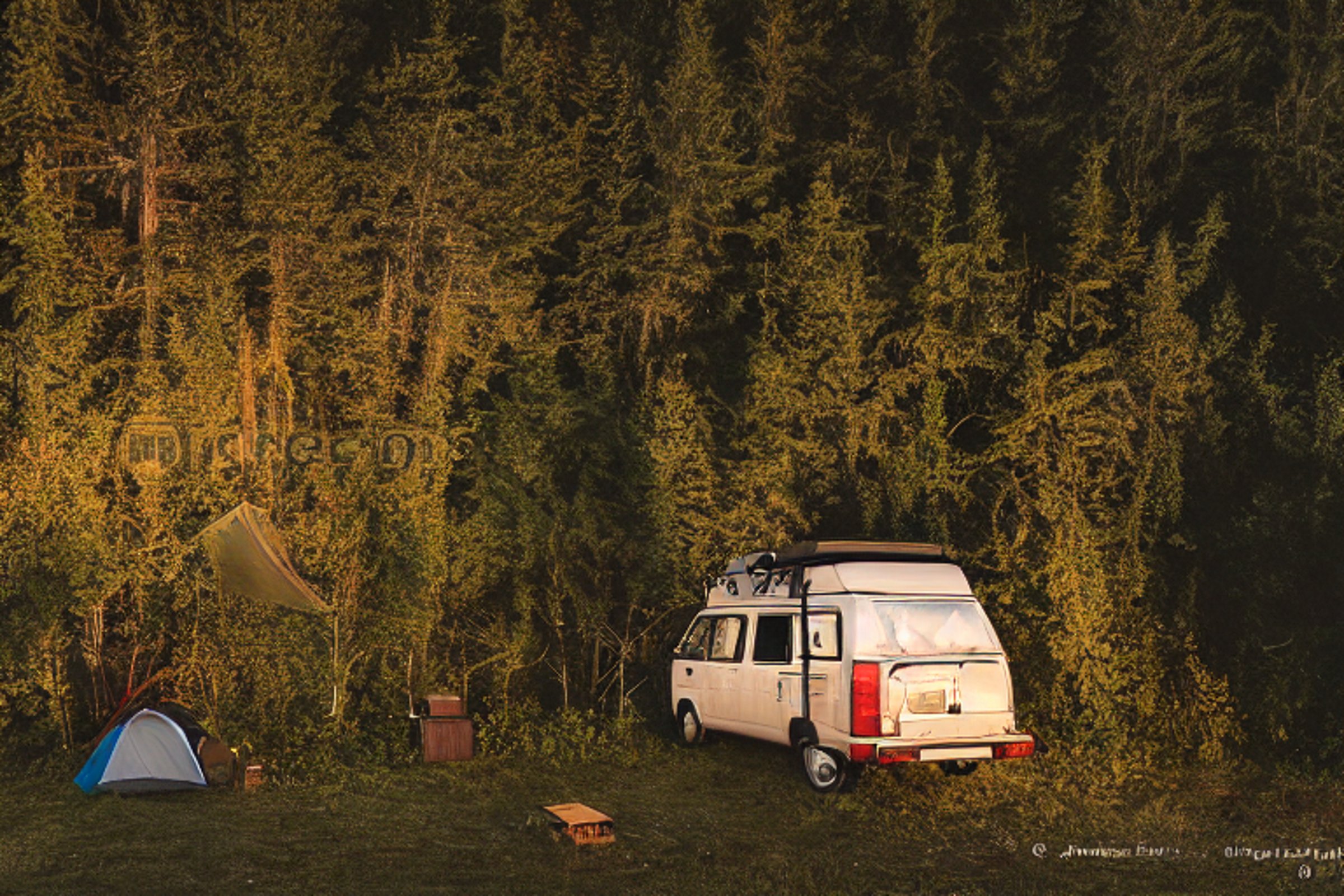 A brown campervan rests on a quiet paved campsite on Vancouver Island. Tall trees and thick bushes surround a dirt clearing, while a nearby tent glows softly from within. Golden light shines through the stormy sky, creating a cozy, wild atmosphere.