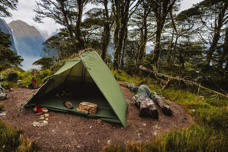 A green camo tent rests on a dirt campsite beneath the sunny Milford Sound sky. A stone-ringed campfire sits at the center, with logs ready for a cozy evening. Berry-covered bushes and scattered stones add a wild, peaceful touch.