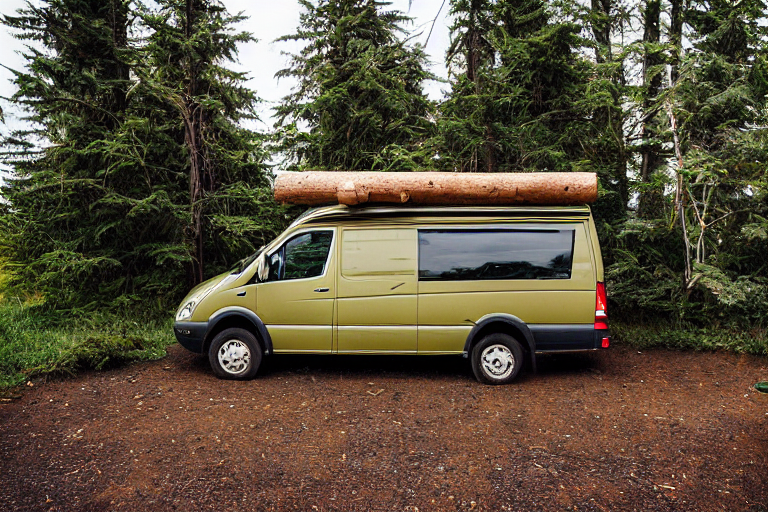 A green and tan camper van rests in a sunny campsite near Cannon Beach. Bushes surround the dirt clearing, with a picnic table and a crackling campfire at its center. Leaves cover the ground, and the bright sky stretches overhead.