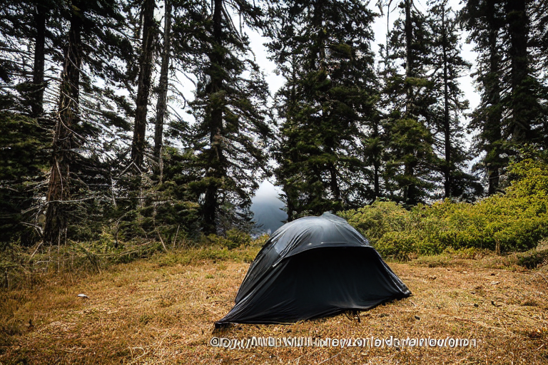 A black tent rests on a paved campsite beneath a snowy night sky in Big Sur. Overgrown grass surrounds a patch of dirt, while a backpack sits nearby and a deer watches from the distance.