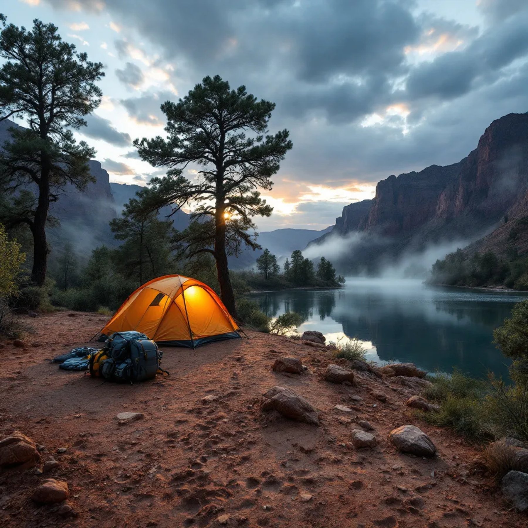 A cozy tent rests among tall trees near the Grand Canyon, glowing in the warm light of sunset. A backpack and animal tracks sit on the rocky ground nearby. Across the calm water, the campsite reflects softly as mist rises from the river.