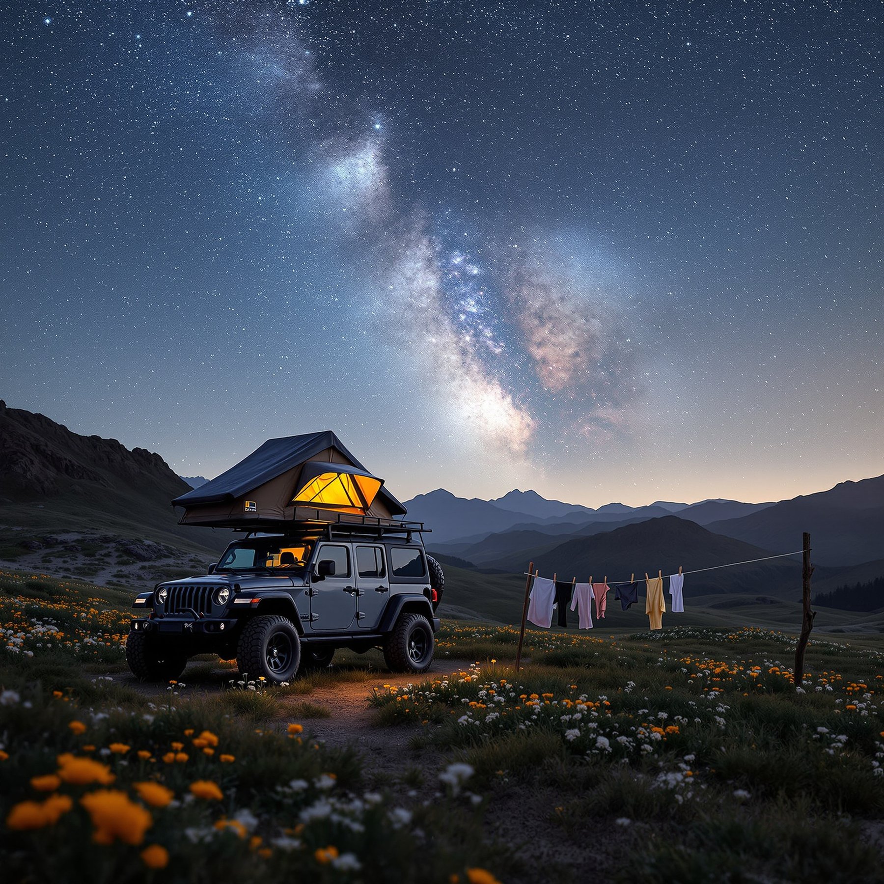 A cozy camper sits under a glowing tent surrounded by wildflowers and mountains. The sky is full of bright stars and the Milky Way shines above. Fresh clothes hang on a line as the night feels peaceful and magical.