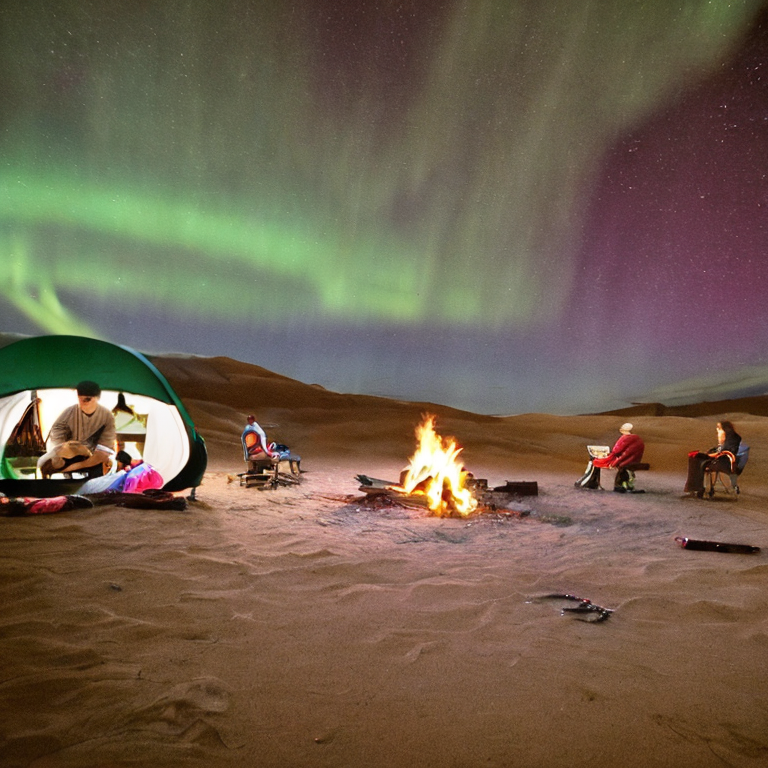 A green and tan tent rests beside a quiet stream in the sandy dunes at night. Rainy skies glow with colorful northern lights, while a warm campfire brightens the campsite. Hikers and surfers add a playful touch to this peaceful outdoor scene.