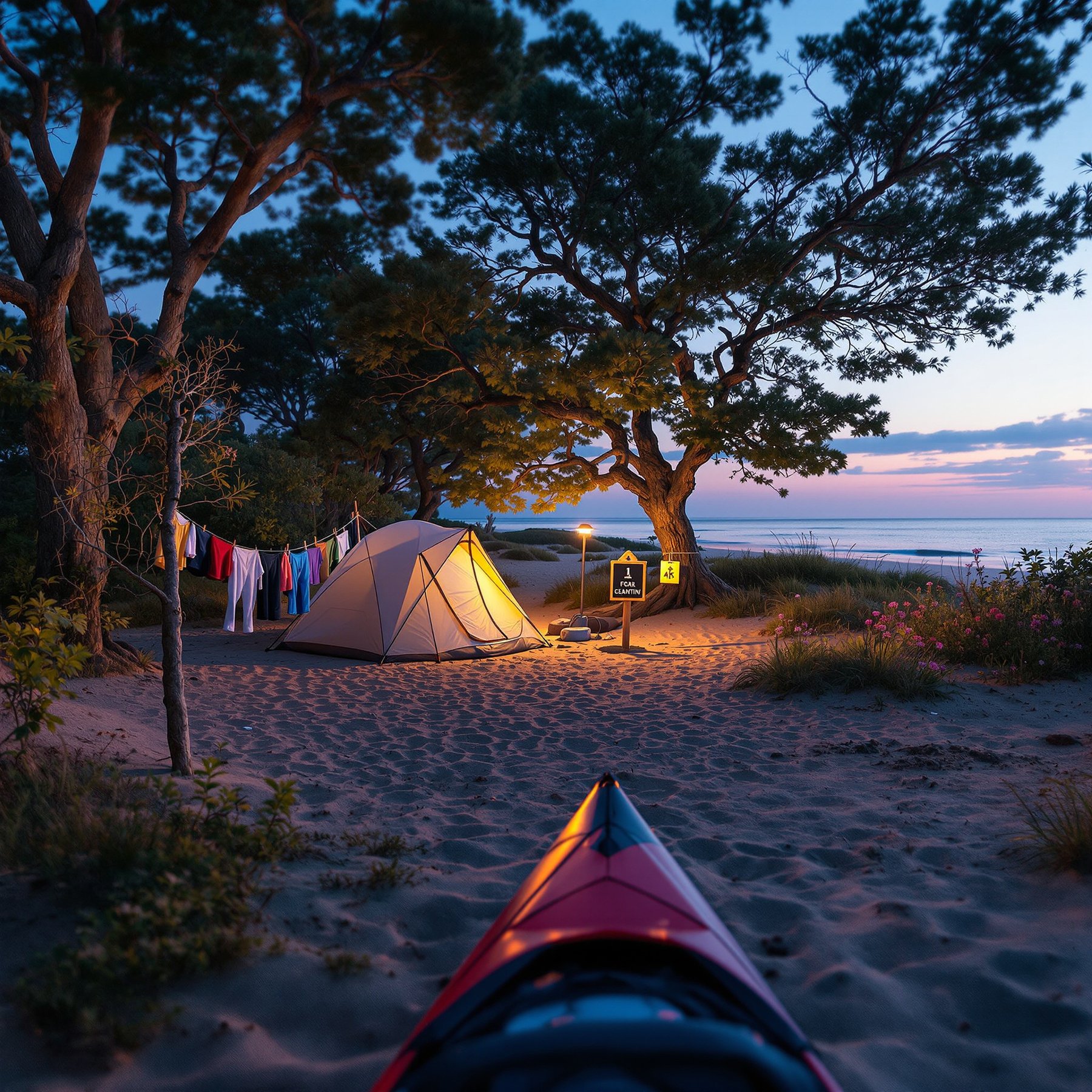 This cozy campsite sits on soft sand under tall, shady trees by the water. Colorful clothes hang to dry near a glowing tent as the sun sets. It feels peaceful and perfect for a fun night by the beach.