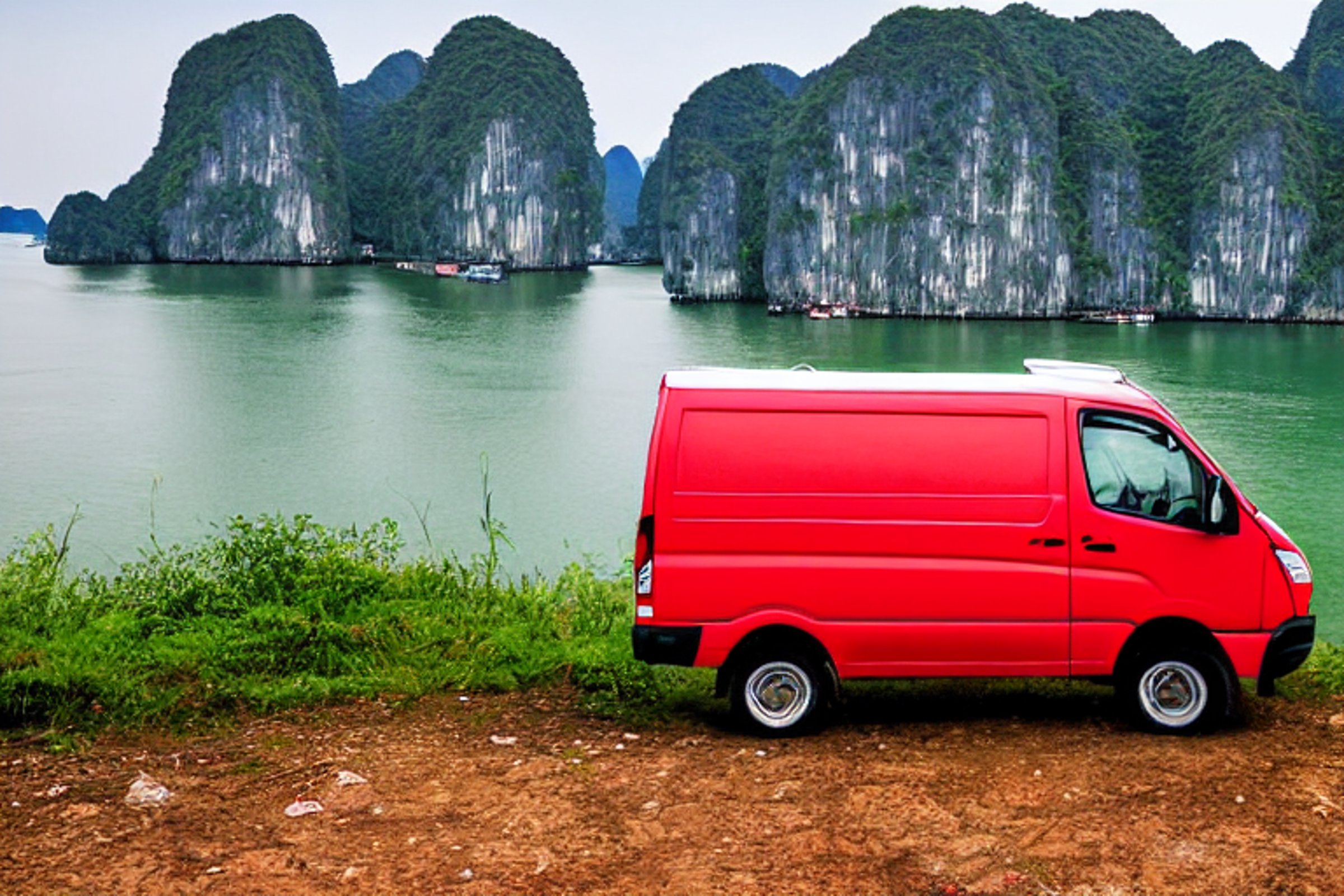 A red and white camper van rests on a rocky dirt campsite in Halong Bay. Small flowers brighten the rough ground as golden light shines through the snowy air.
