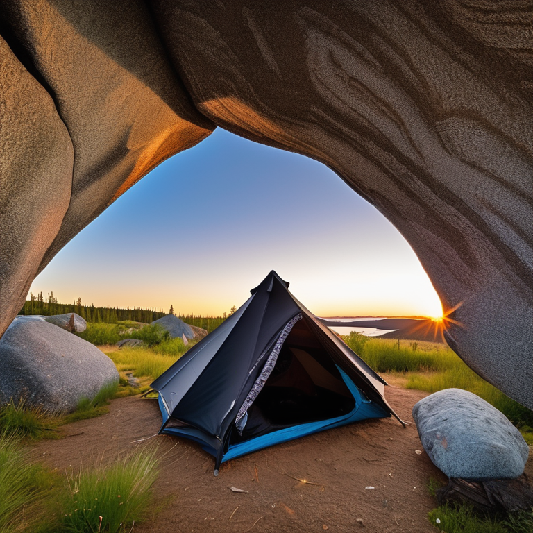 A black tent rests in a quiet Alaska wilderness beneath a sky full of stars. A warm campfire glows beside large rocks and a fallen log, while a wooden guitar waits nearby.