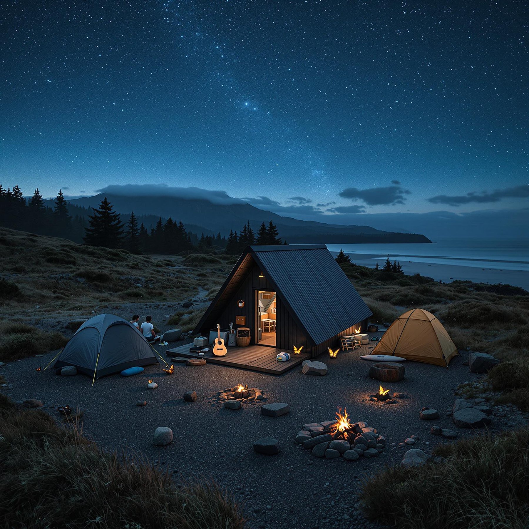 A dark gray lean-to shelter rests among stones on Vancouver Island beneath a starry, cloudy sky. Hikers gather nearby, with a wooden guitar on the ground and the quiet coast stretching beyond.