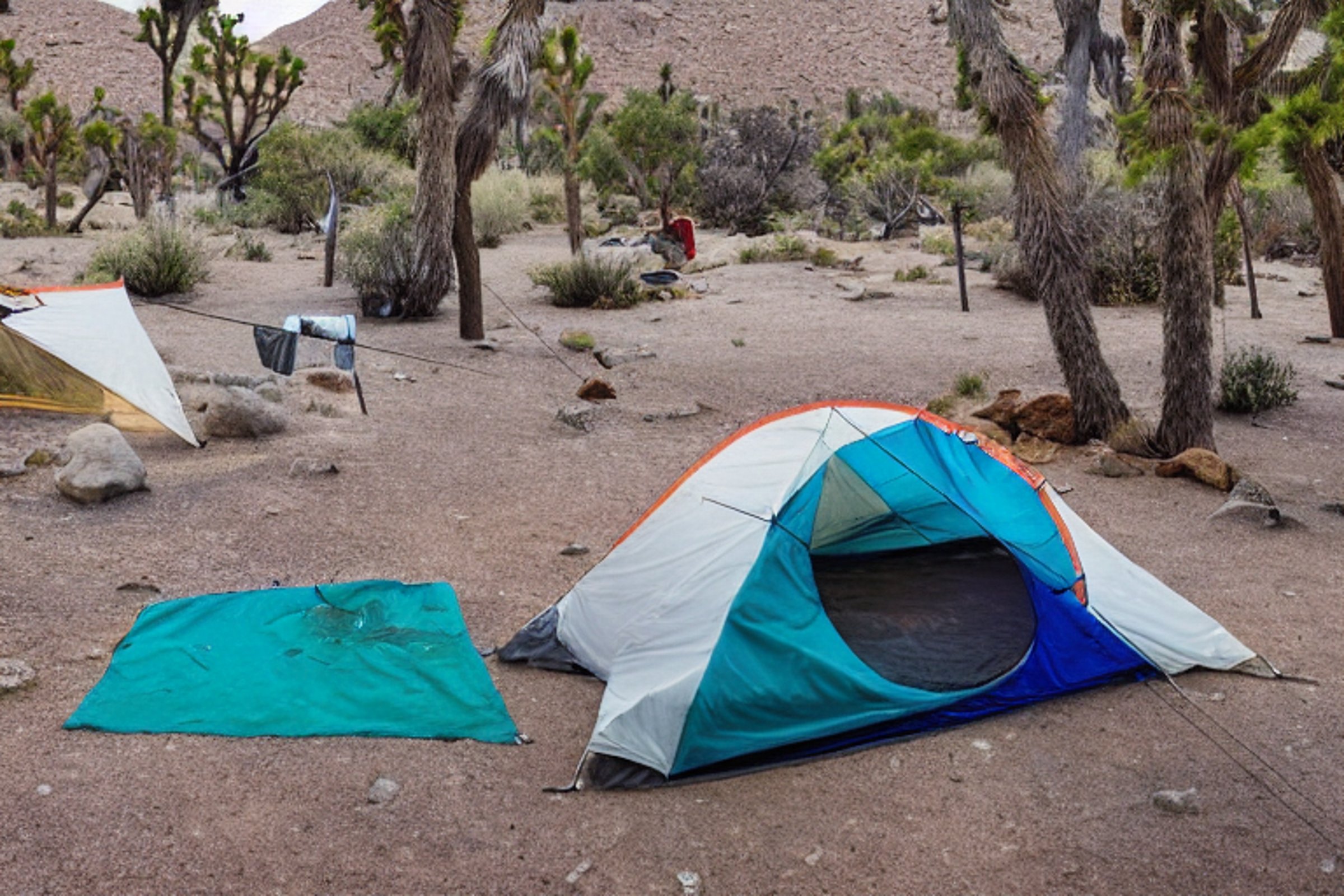 A colorful two-person tent rests on a rough campsite in Joshua Tree as soft sunrise light shines through the snowy air. A small stream winds past the tent, while a hammock and clothesline add a cozy touch.