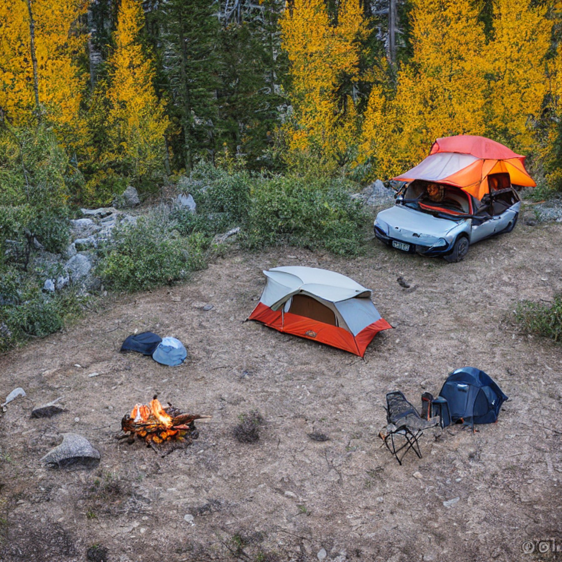 A cozy campsite rests beneath a glowing green aurora and tall mountain peaks. A Jeep with its rooftop tent stands beside a warm campfire and camping chairs. Soft fog and fallen leaves give the Yosemite night a peaceful, wild feeling.