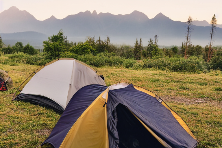 A tan two-person tent rests on a quiet dirt campsite beside a misty river. Mountains rise in the distance beneath a warm sunset sky. A backpack and camping gear box sit nearby, adding to the peaceful outdoor scene.