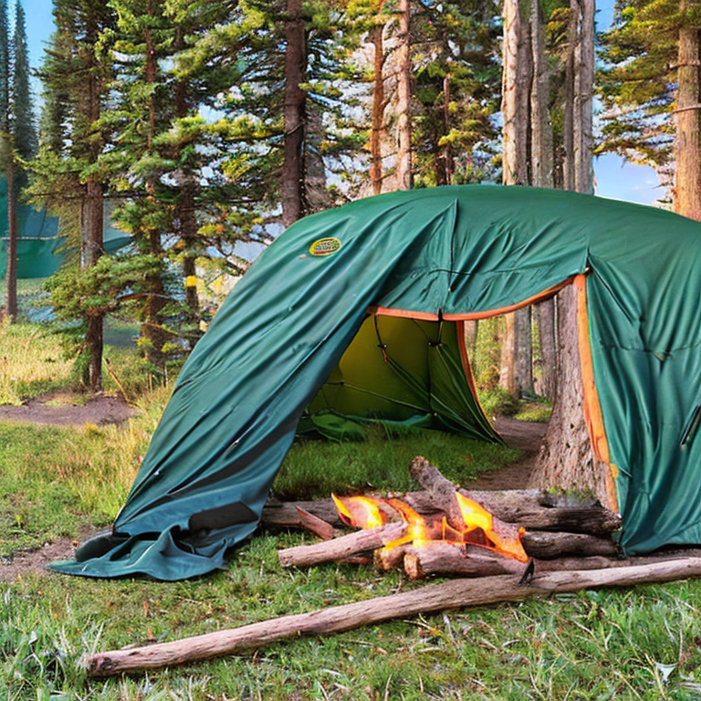 A forest-green tent rests on a quiet dirt campsite in Banff National Park. Tall grass, a winding hiking path, and a large rock surround the camp, while a log sits beside the fire. Warm sunset light fills the peaceful forest.