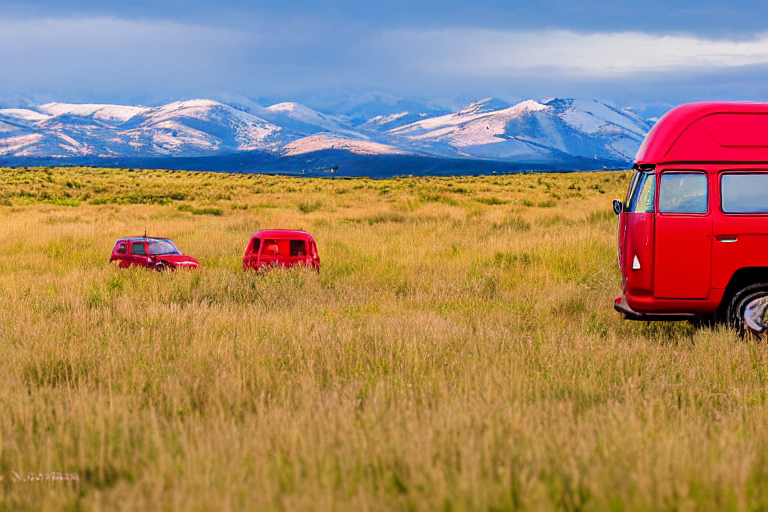 A red campervan rests on a grassy Idaho plain beside a warm campfire. Large stone slabs and tall, overgrown grass surround the campsite, while a mountain rises in the distance beneath the sunny golden sky.