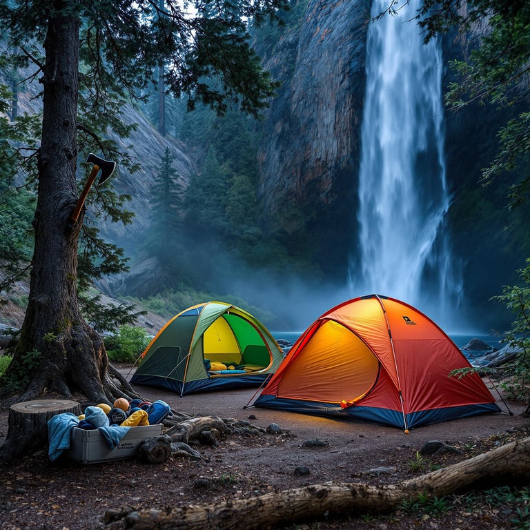 A colorful tent rests among the giant sequoias at blue hour. Seen behind a waterfall, the quiet campsite has a stump with an axe, a box of gear, and a bird’s nest nearby. Cloudy skies and soft light create a calm, wild feeling.