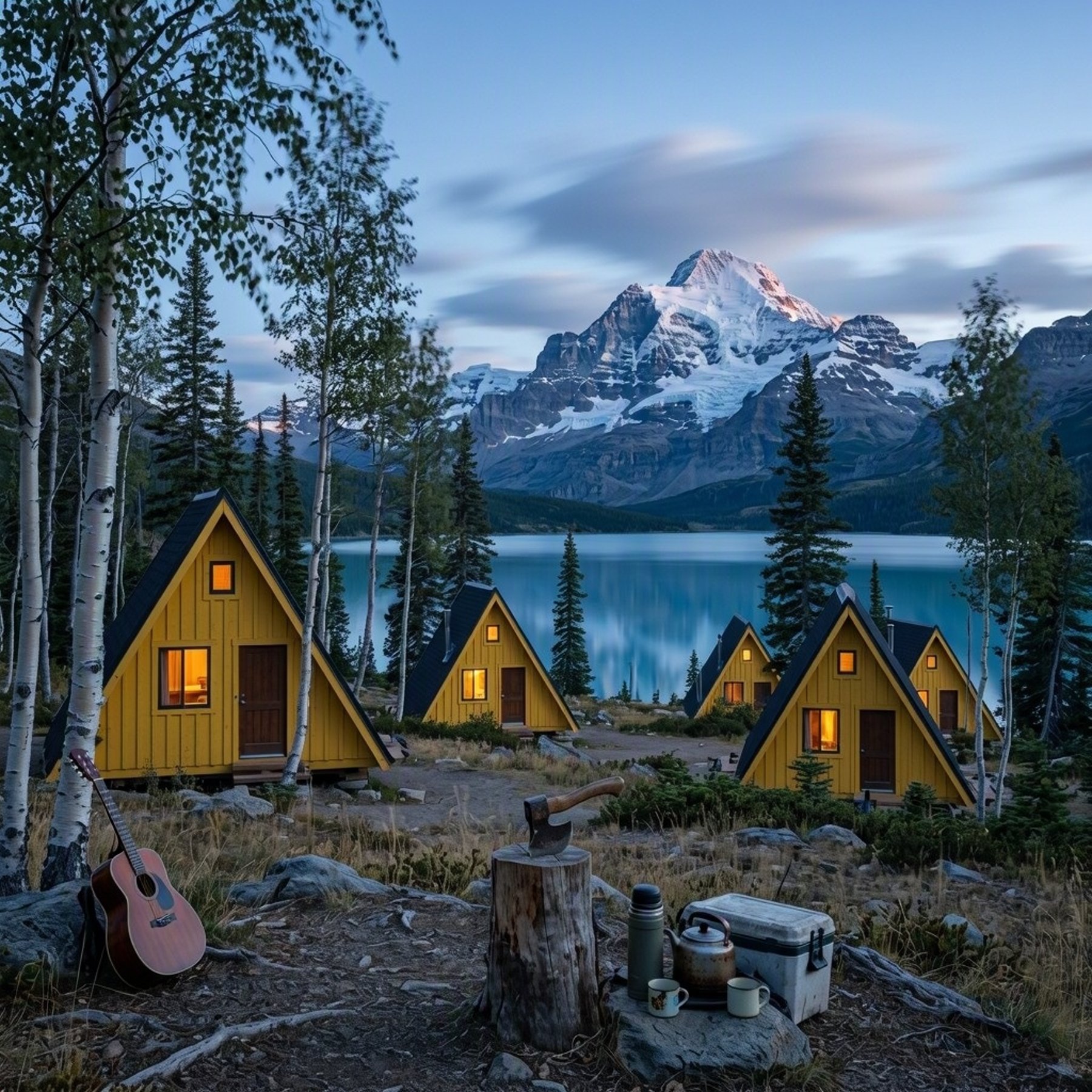 Four bright yellow cabins rest in a quiet birch and spruce forest above Lake Louise. Dry grass, a guitar, cooler, kettle, and mugs give the clearing a cozy camping feel. Beyond the trees, a calm lake and snowy mountain glow in the cool blue dawn.