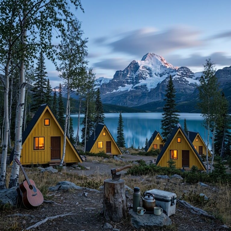 Four bright yellow cabins rest in a quiet birch and spruce forest above Lake Louise. Dry grass, a guitar, cooler, kettle, and mugs give the clearing a cozy camping feel. Beyond the trees, a calm lake and snowy mountain glow in the cool blue dawn.