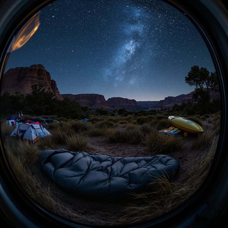 Sleep under a sky full of stars in a cozy canyon, with tents and kayaks nearby. The warm rocks and soft grass make it feel peaceful and safe. The Milky Way shines bright above, making the night extra special.