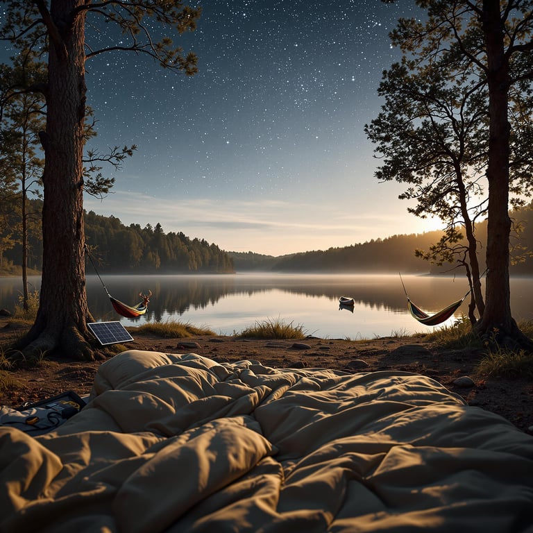 A peaceful campsite rests beneath tall trees in the Ozarks. A beige sleeping bag and hammock invite you to relax, while a canoe waits nearby. A deer stands in the distance as sunlight filters through the dusty air.