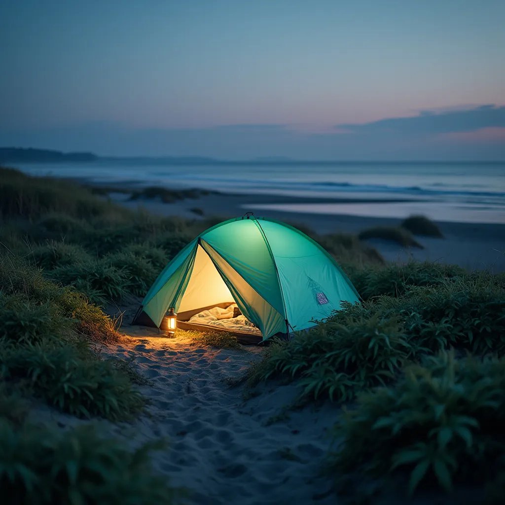 A mint green tent rests among tall grass and ferns on a quiet coastal dune. Nearby, rainbow-colored hot springs glow in the twilight, while a lantern adds a warm light to the peaceful campsite.