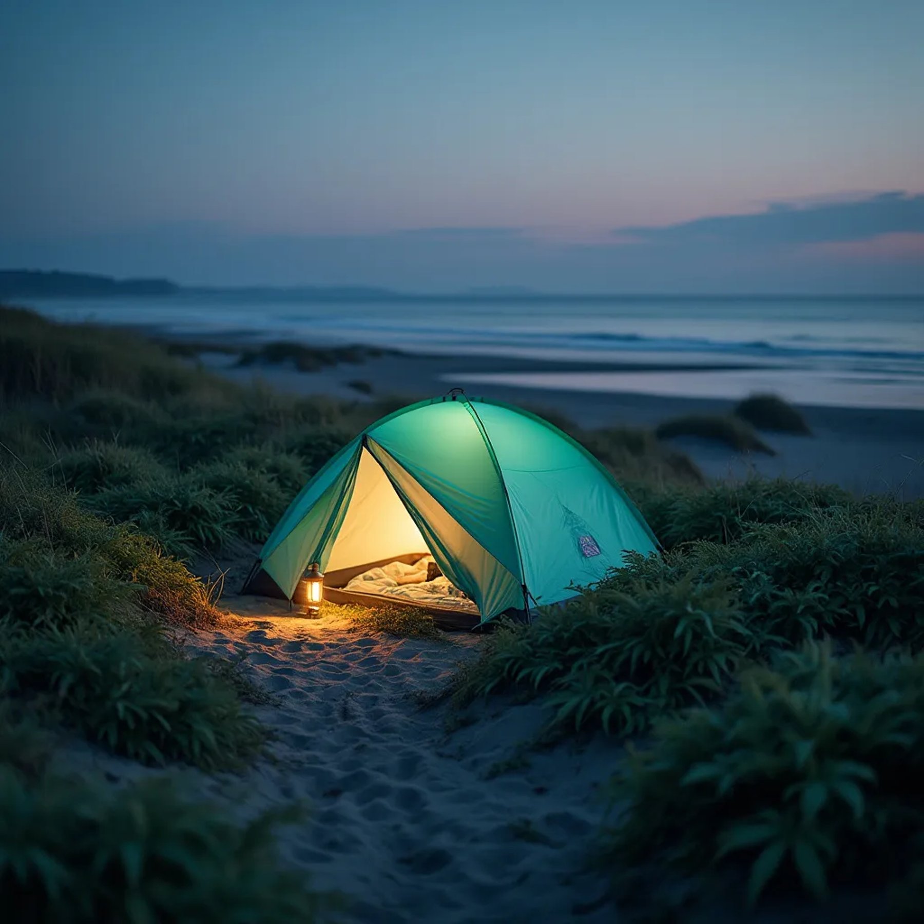 A mint green tent rests among tall grass and ferns on a quiet coastal dune. Nearby, rainbow-colored hot springs glow in the twilight, while a lantern adds a warm light to the peaceful campsite.