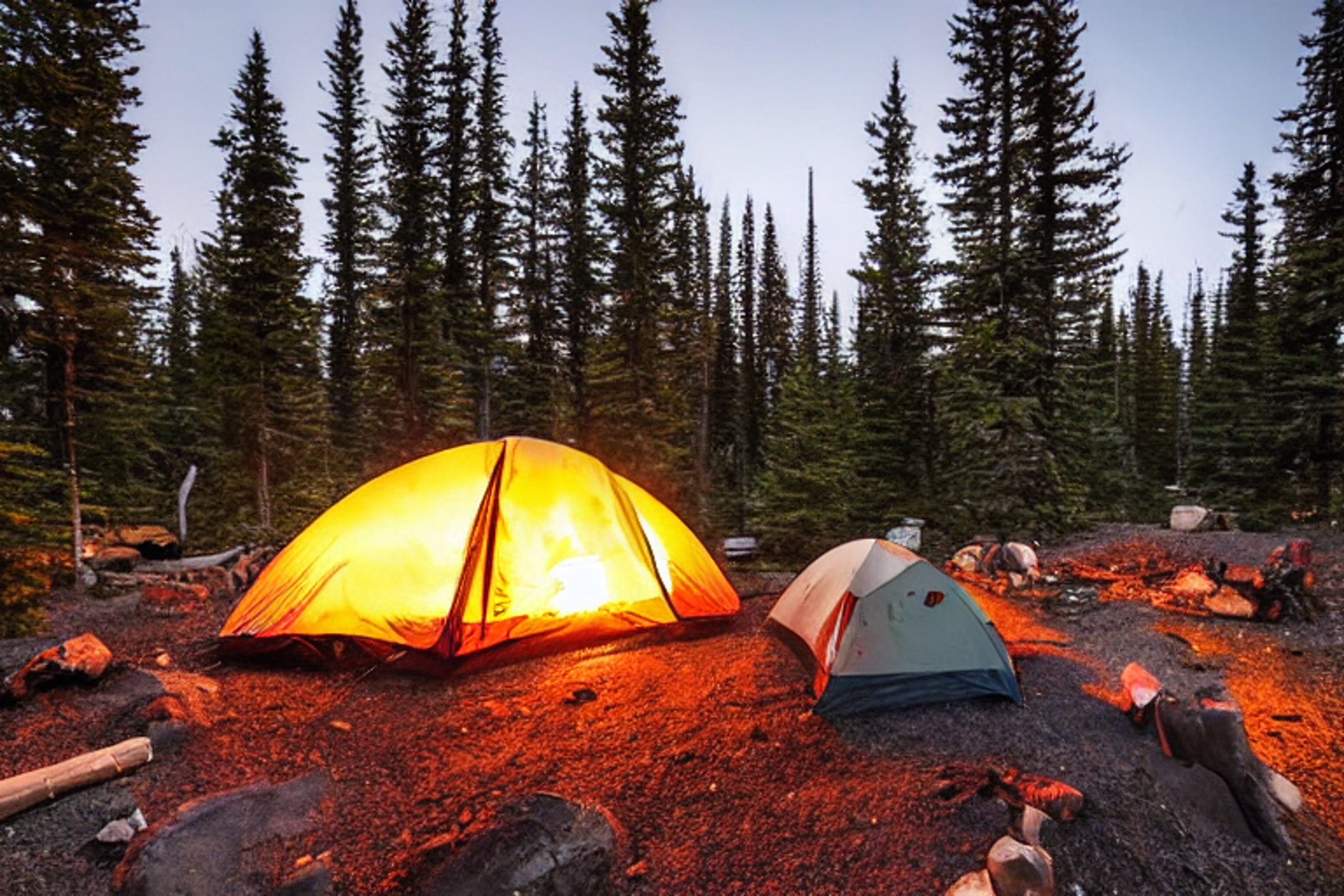 A white tent rests beside a crackling campfire in snowy Banff National Park. A clear stream winds through the rocky campsite, while pine trees and mountain air create a calm evening mood.