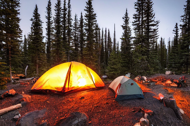 A white tent rests beside a crackling campfire in snowy Banff National Park. A clear stream winds through the rocky campsite, while pine trees and mountain air create a calm evening mood.
