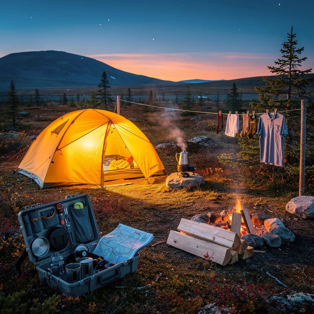 A bright yellow tent glows warmly in the cool autumn dusk, with low mountains and sparse spruce trees nearby. A small stone fire ring sits beside a neat stack of split wood, and a little stove makes a steaming pot of coffee. Shirts and socks hang on a clothesline, making the camp feel cozy and lived-in under the clear evening sky.