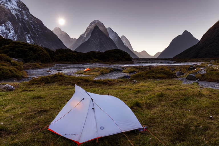 A white tent glows softly beside a warm campfire at sunrise. A clear stream winds through the muddy campsite, with tall mountains and a pale moon in the rainy sky. Nearby, a small parking spot adds a touch of comfort to this wild setting.