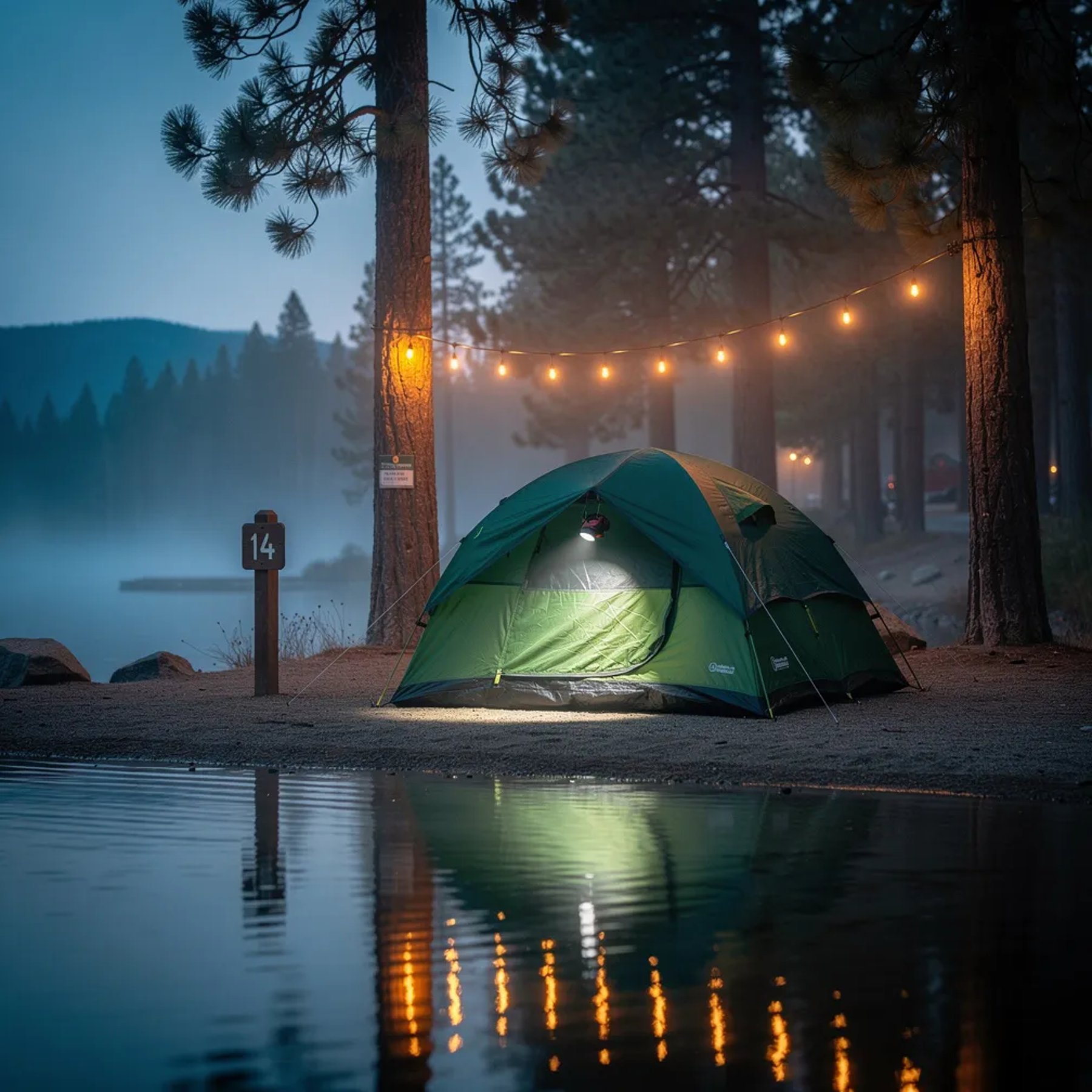 A green tent sits close to the calm Lake Tahoe shore as the sky turns deep blue before sunrise. Soft fog drifts through tall pine trees, making the whole place feel quiet and dreamy. Warm string lights glow between the trees and shimmer on the water, with a small “14” sign beside the campsite.