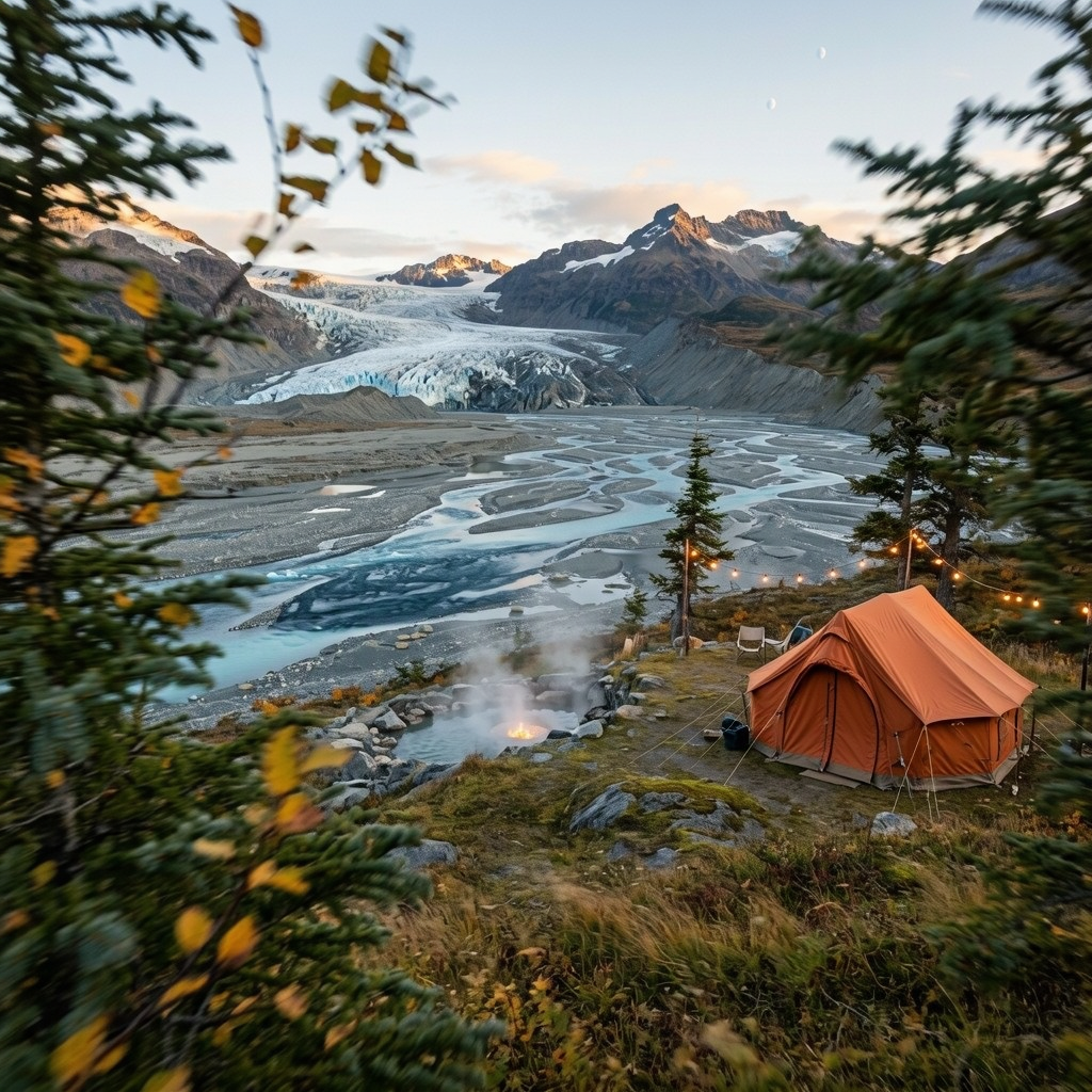 From above the trees, a tent camp faces a glacier and braided meltwater. Steam rises from a small pool beside the orange tent, with string lights between the trees.