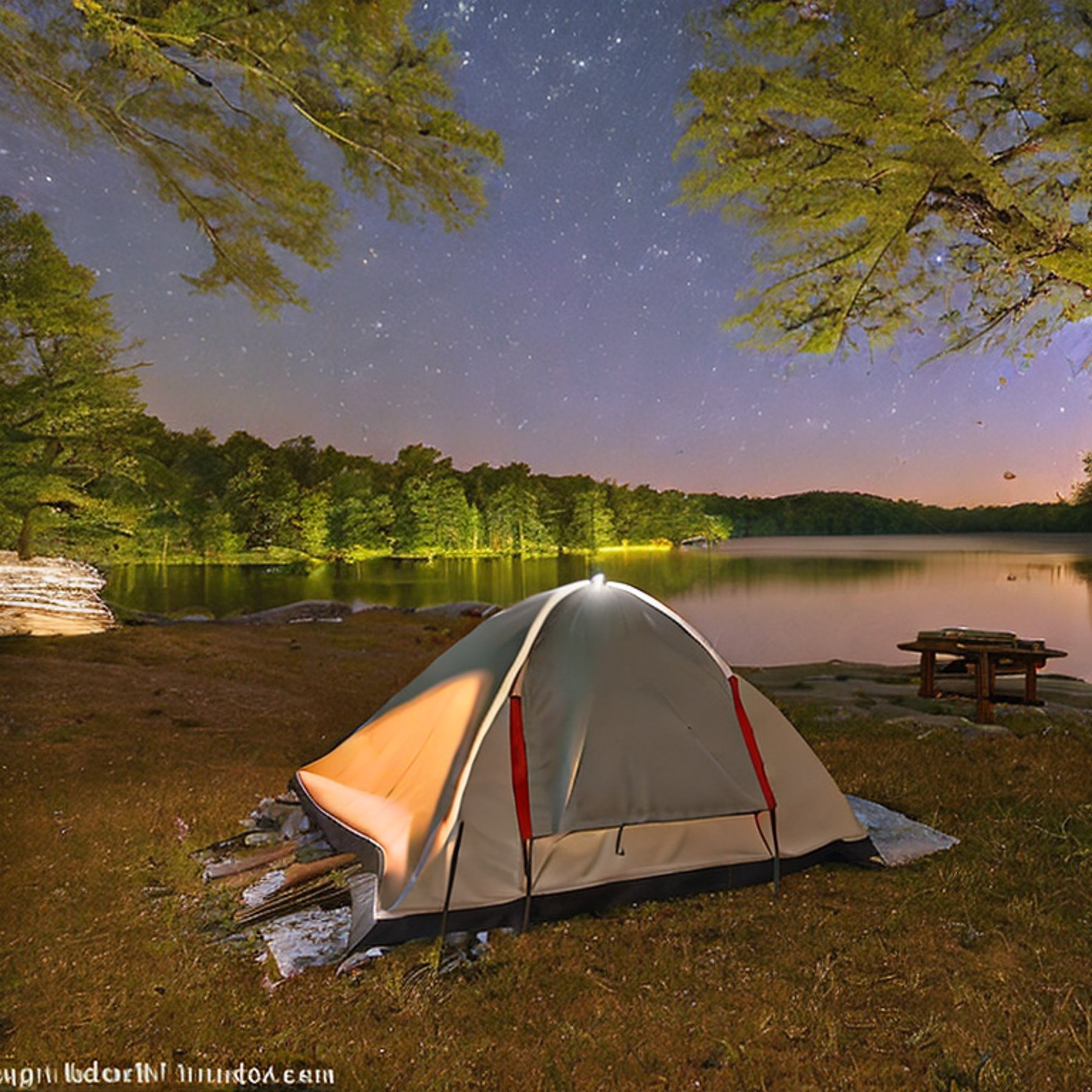 A cozy tent glows beside a clear stream under a sky full of stars. A warm campfire crackles on the dirt, making the quiet Ozark campsite feel inviting.