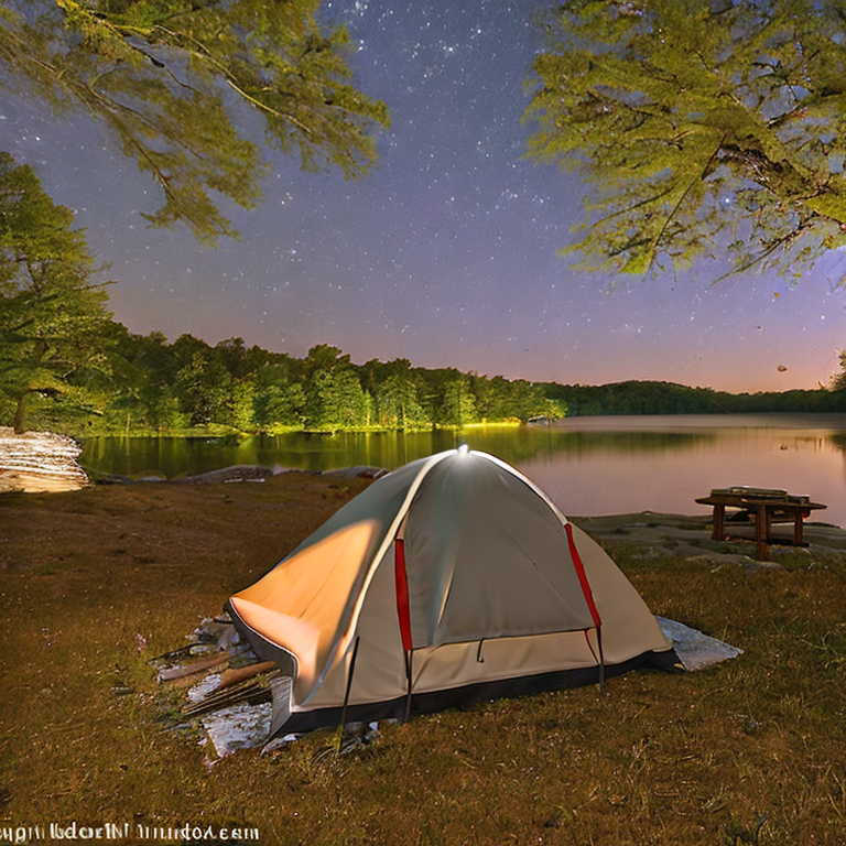 A cozy tent glows beside a clear stream under a sky full of stars. A warm campfire crackles on the dirt, making the quiet Ozark campsite feel inviting.