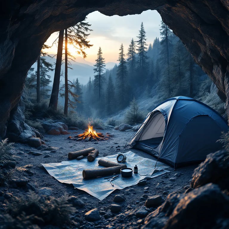 A blue and gray tent rests among ancient petrified trees at sunrise. Ferns, stone patches, and a warm campfire make the campsite feel cozy, while a map and compass sit nearby. Dark storm clouds gather beyond the cave entrance.