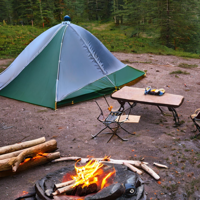 A green tent rests in a peaceful Norwegian forest, surrounded by wildflowers and tall trees. A warm campfire glows among the stones, with chairs and a wooden guitar nearby. Soft golden light shines beneath the cloudy sky.