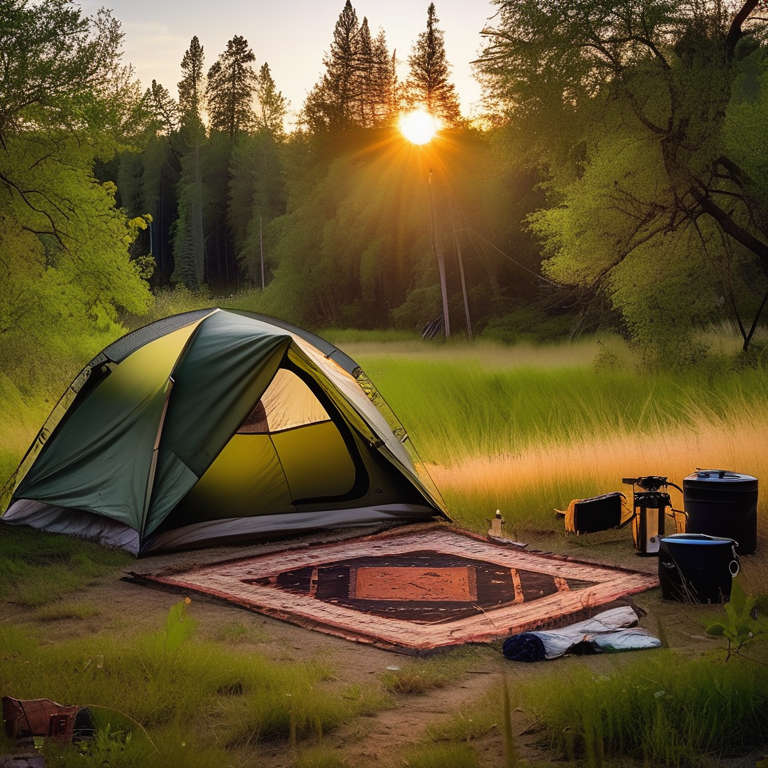 A green camo tent rests beside a quiet creek on a grassy, dirt-covered campsite. A warm campfire glows near a picnic table as the sun sets, filling the scene with golden light.