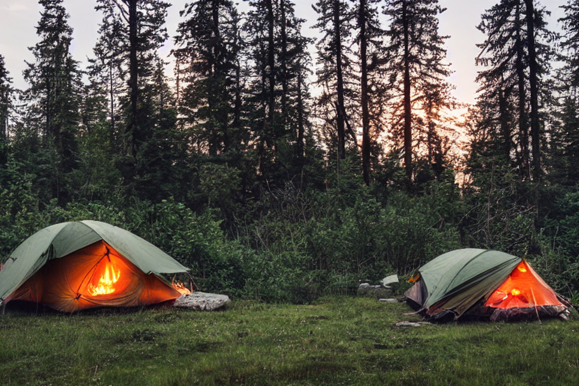 A green tent rests in a quiet forest clearing as snow falls softly around it. A warm campfire glows beside large stones, while clothes hang from a nearby line. Thick bushes surround the cozy campsite.