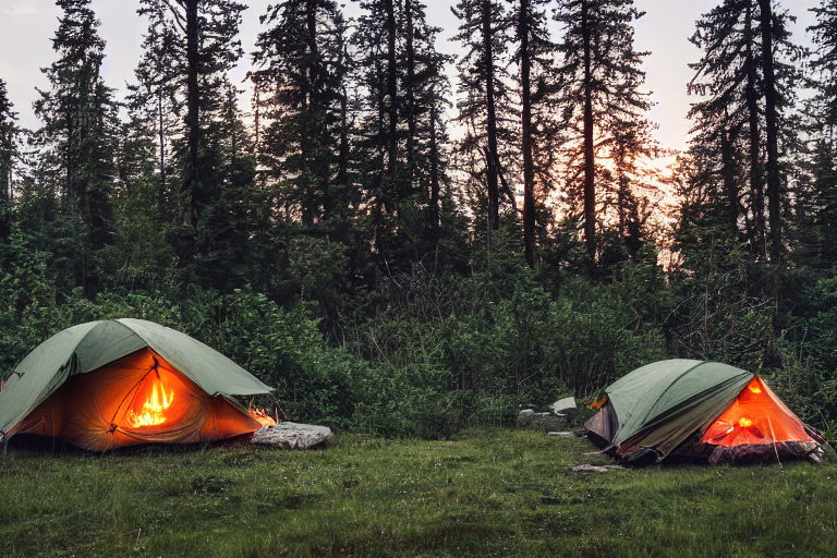 A green tent rests in a quiet forest clearing as snow falls softly around it. A warm campfire glows beside large stones, while clothes hang from a nearby line. Thick bushes surround the cozy campsite.