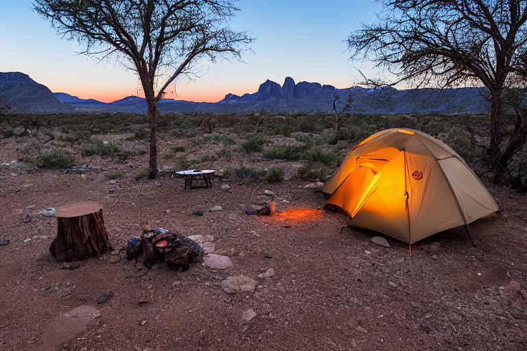 A tan tent rests on a rocky dirt campsite in Big Bend as snow falls under the sunset sky. Boulders surround the camp, while a wooden guitar lies nearby and a distant camper shines a flashlight.
