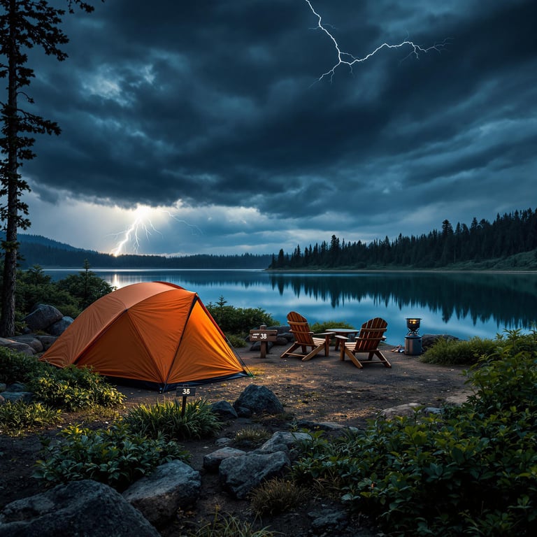 An orange tent rests beside a quiet lake under a stormy night sky. Bushes surround the campsite, where chairs and a small stove sit near a picnic table. A wooden sign marked “38” stands nearby, glowing softly in the lightning.