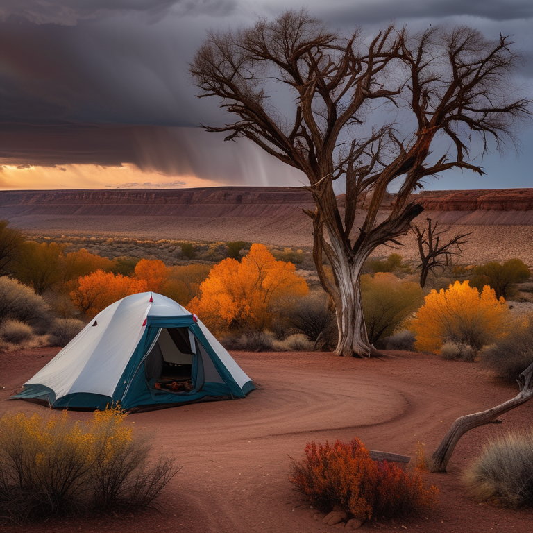 A cozy tent rests on a dirt clearing in a colorful petrified forest. A clear stream winds through the campsite, while berry bushes and golden fall trees brighten the scene. Stormy clouds fill the sunset sky, creating a wild and peaceful mood.