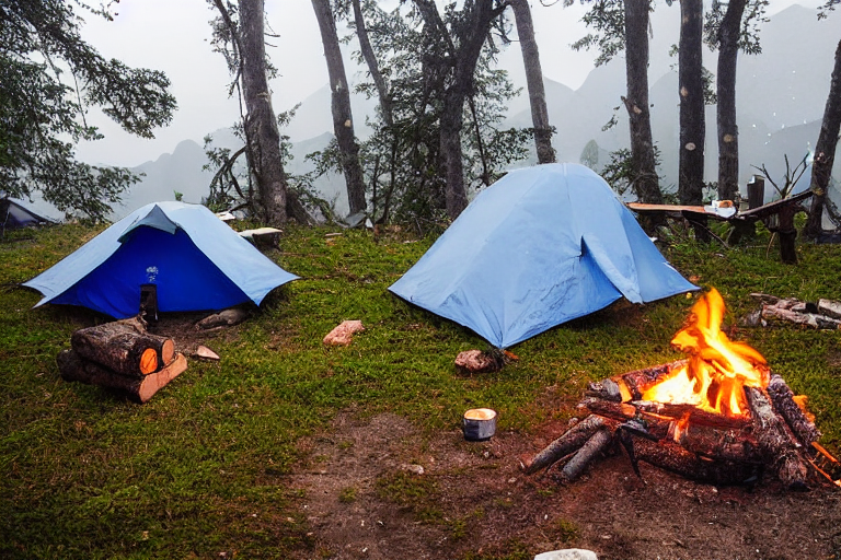 A blue and gray tent rests among tall trees in snowy Halong Bay. A warm campfire glows beside the dirt path, with logs and a wooden guitar nearby.