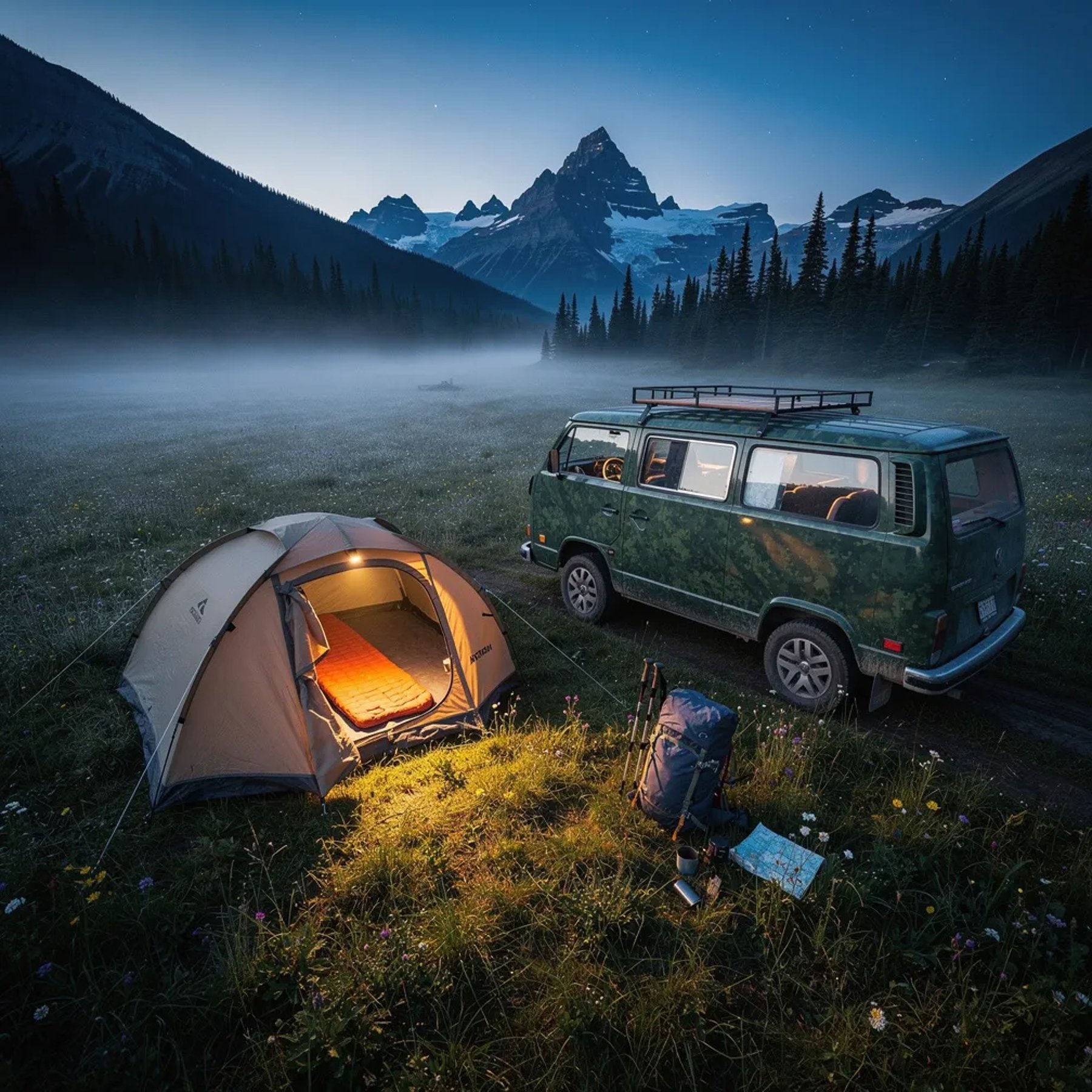 A quiet meadow in the Canadian Rockies sits under a deep blue pre-dawn sky, with thin mist floating over the tall grass. A green camo camper van and a small tent rest side by side, hidden in the calm. Warm light spills from the tent door onto the ground, where a backpack waits for the morning hike.